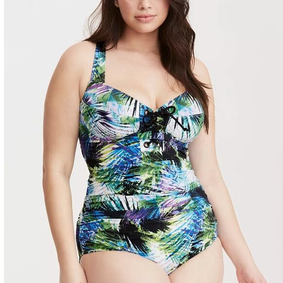 Torrid 3 (3X 22/24) One Piece Lace Up Underwire Padded Tropical Print Swimsuit - Picture 2 of 3